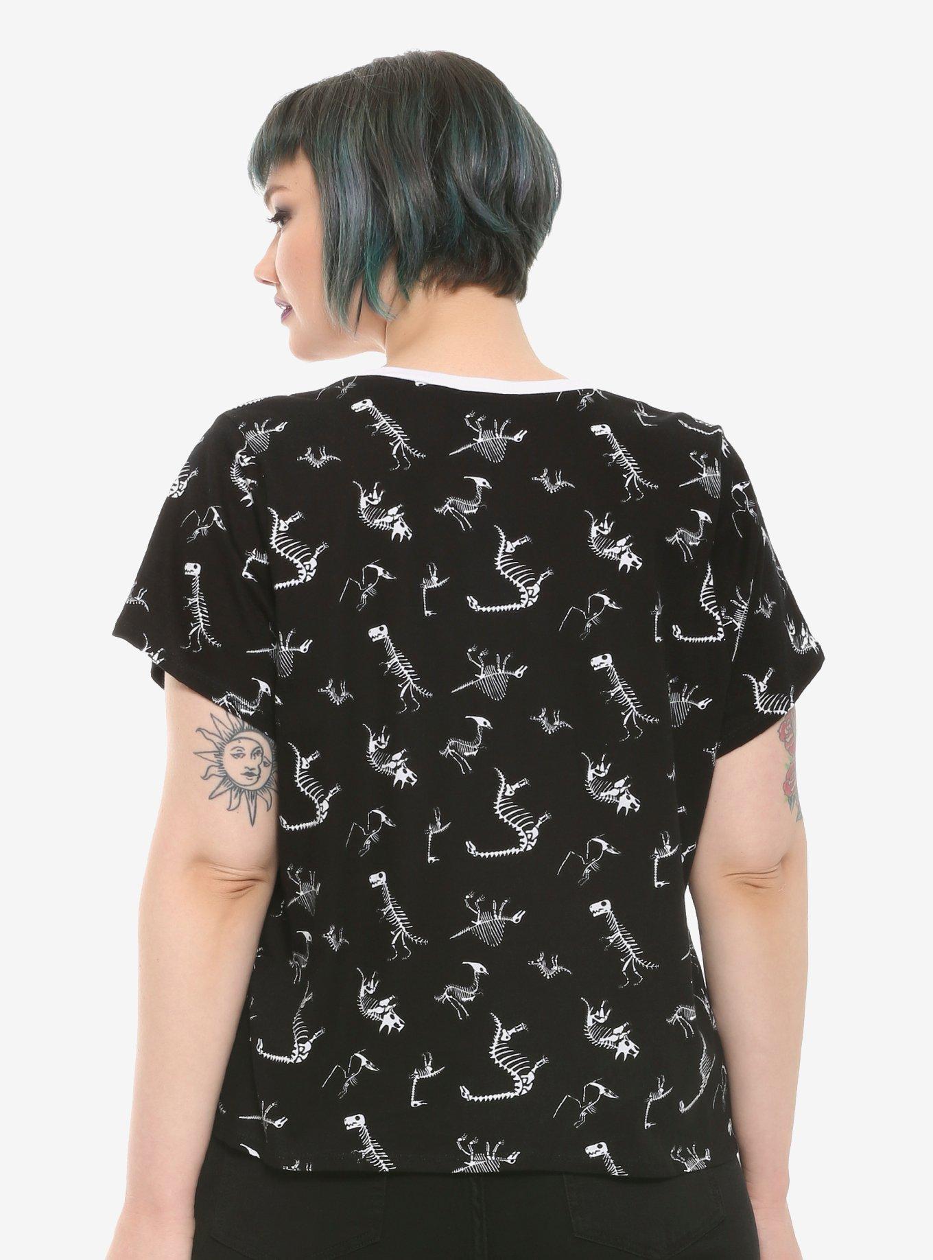 Dinosaur Skeleton Tie-Front Girls T-Shirt Plus Size, BLACK, alternate