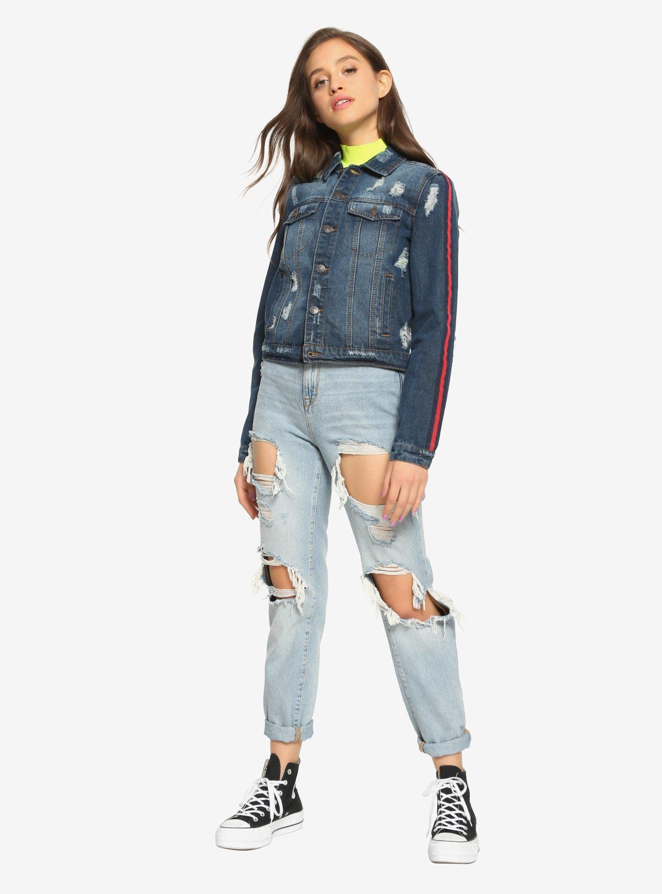 Striped Sleeve Dark Wash Girls Denim Jacket, DARK DENIM, alternate
