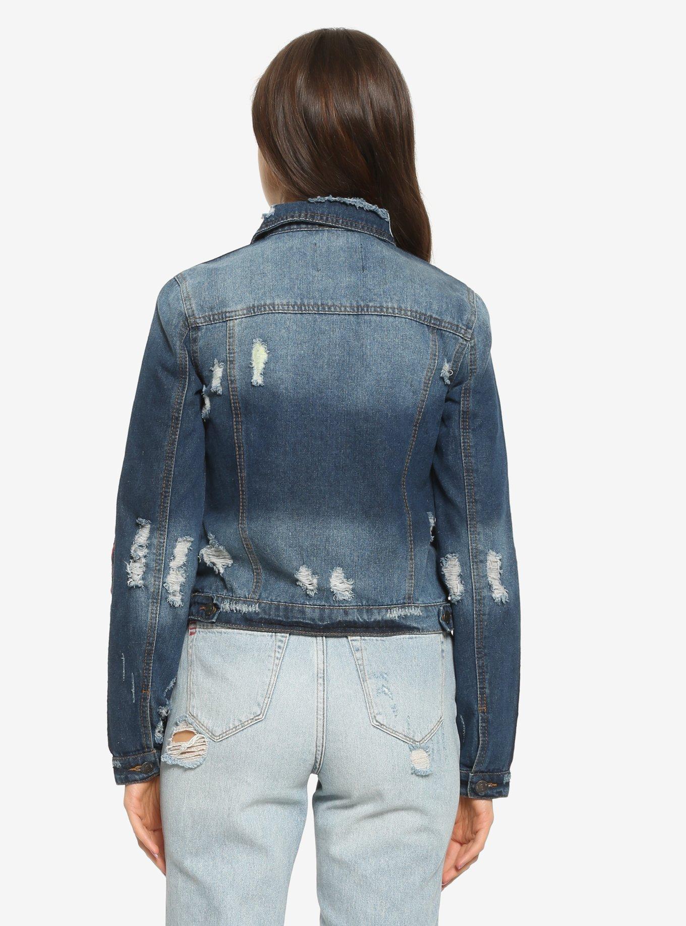 Striped Sleeve Dark Wash Girls Denim Jacket, DARK DENIM, alternate