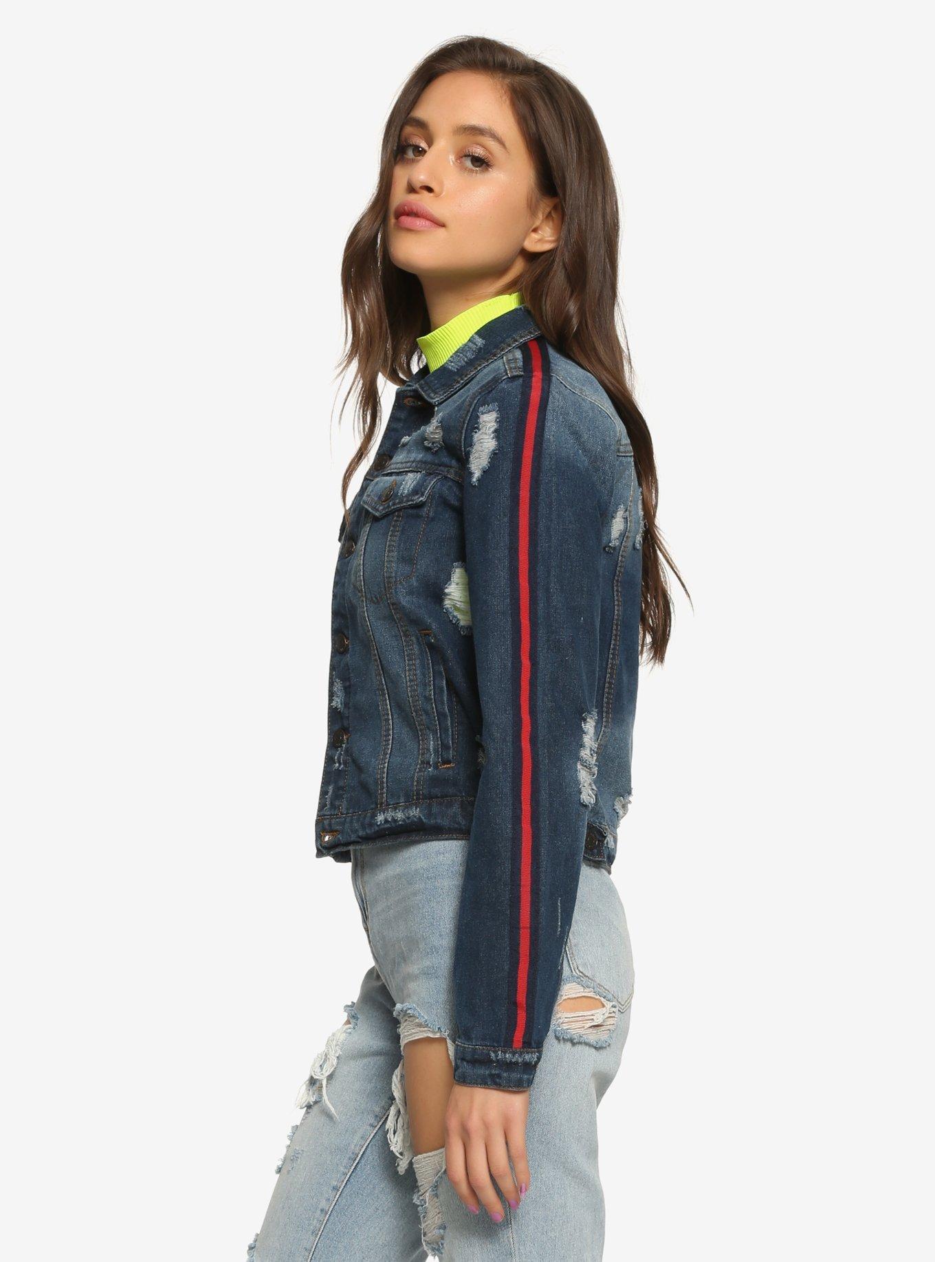 Striped Sleeve Dark Wash Girls Denim Jacket, DARK DENIM, alternate