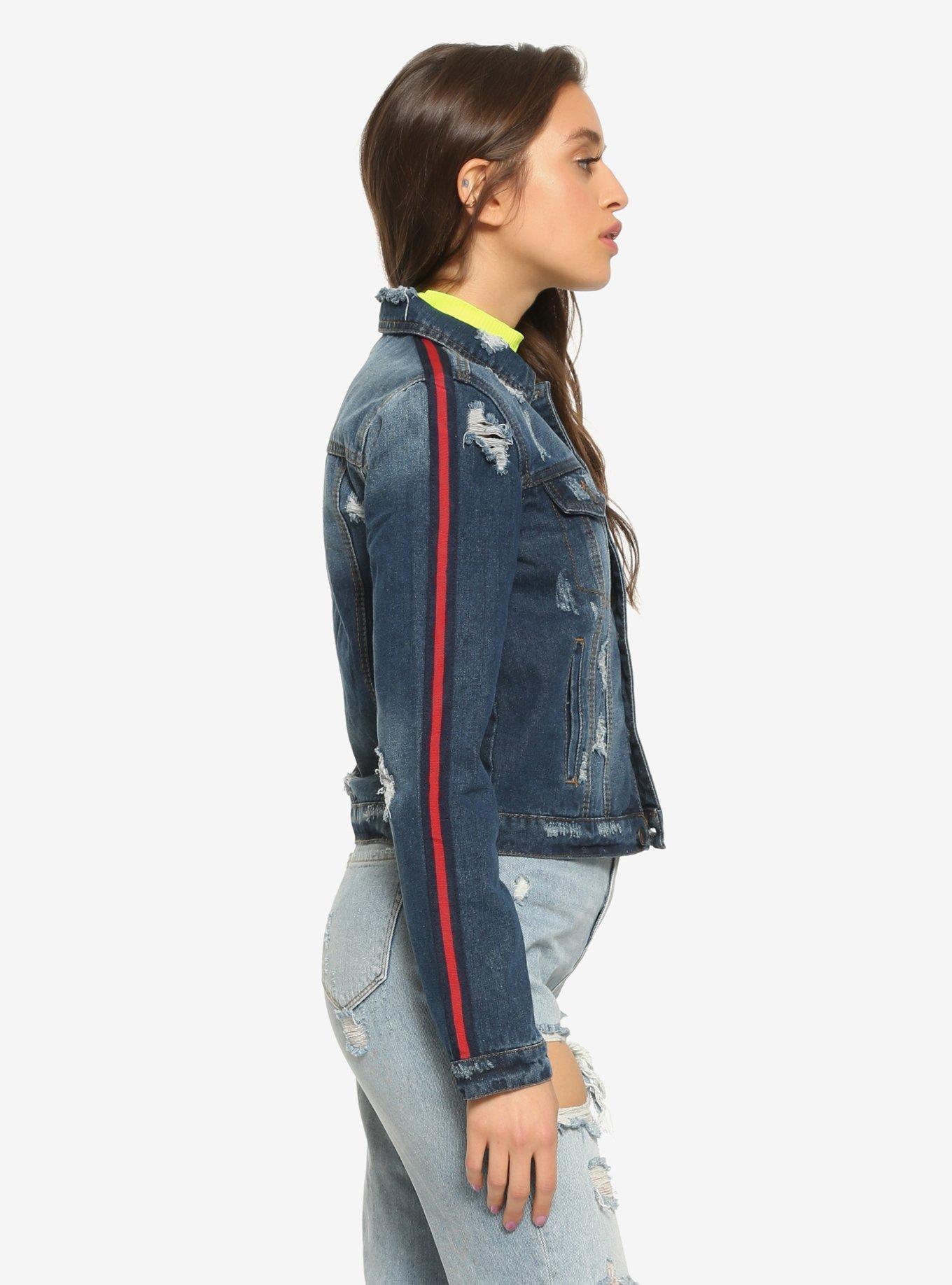 Striped Sleeve Dark Wash Girls Denim Jacket, DARK DENIM, alternate
