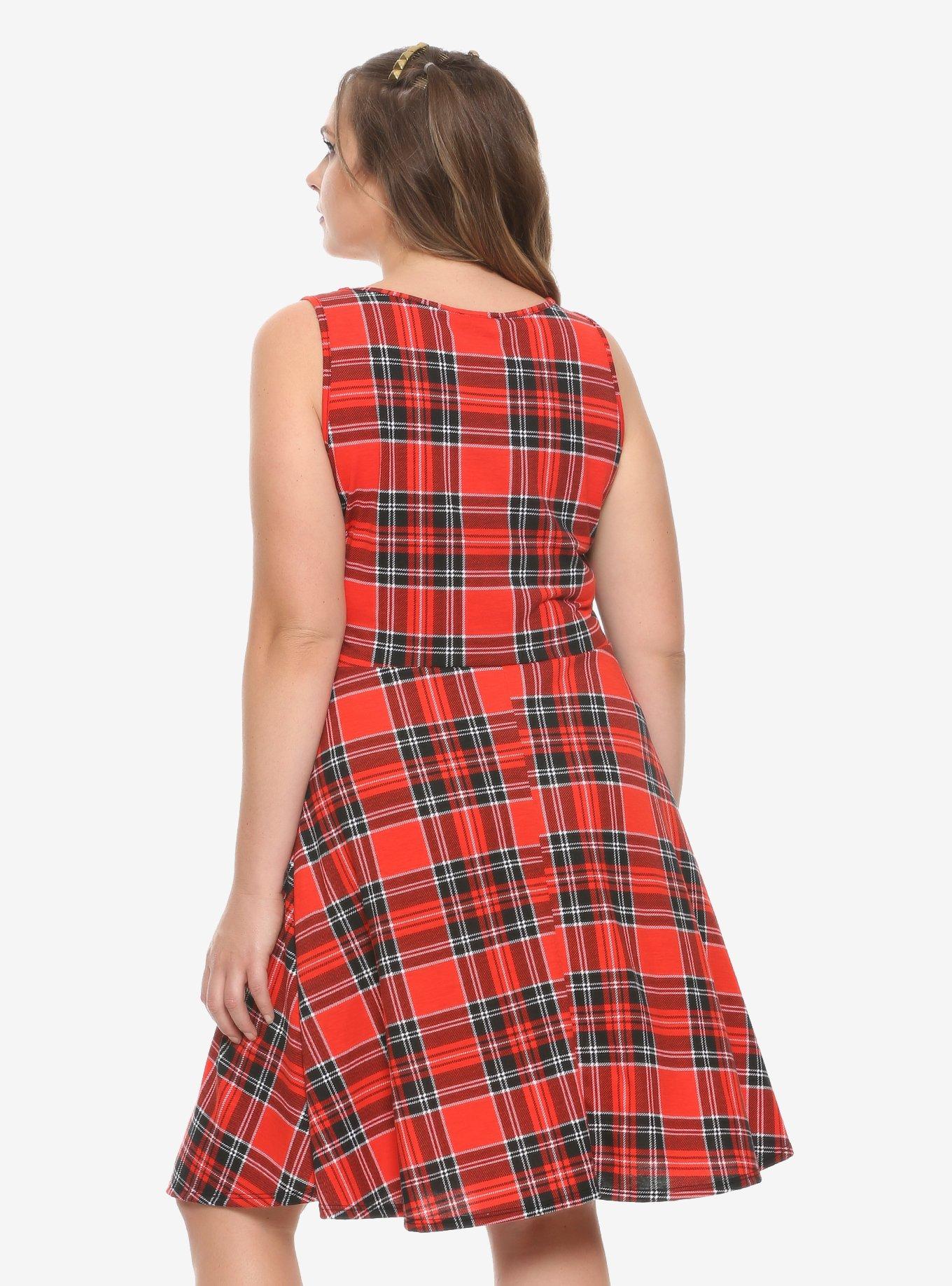 Red Plaid Skater Dress Plus Size, PLAID, alternate