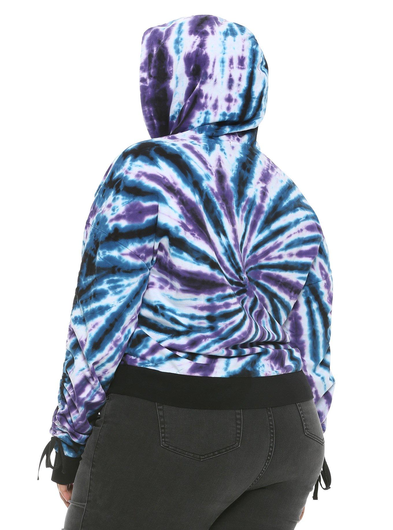 Purple & Blue Tie-Dye Cinch-Sleeve Girls Crop Hoodie Plus Size, MULTI, alternate