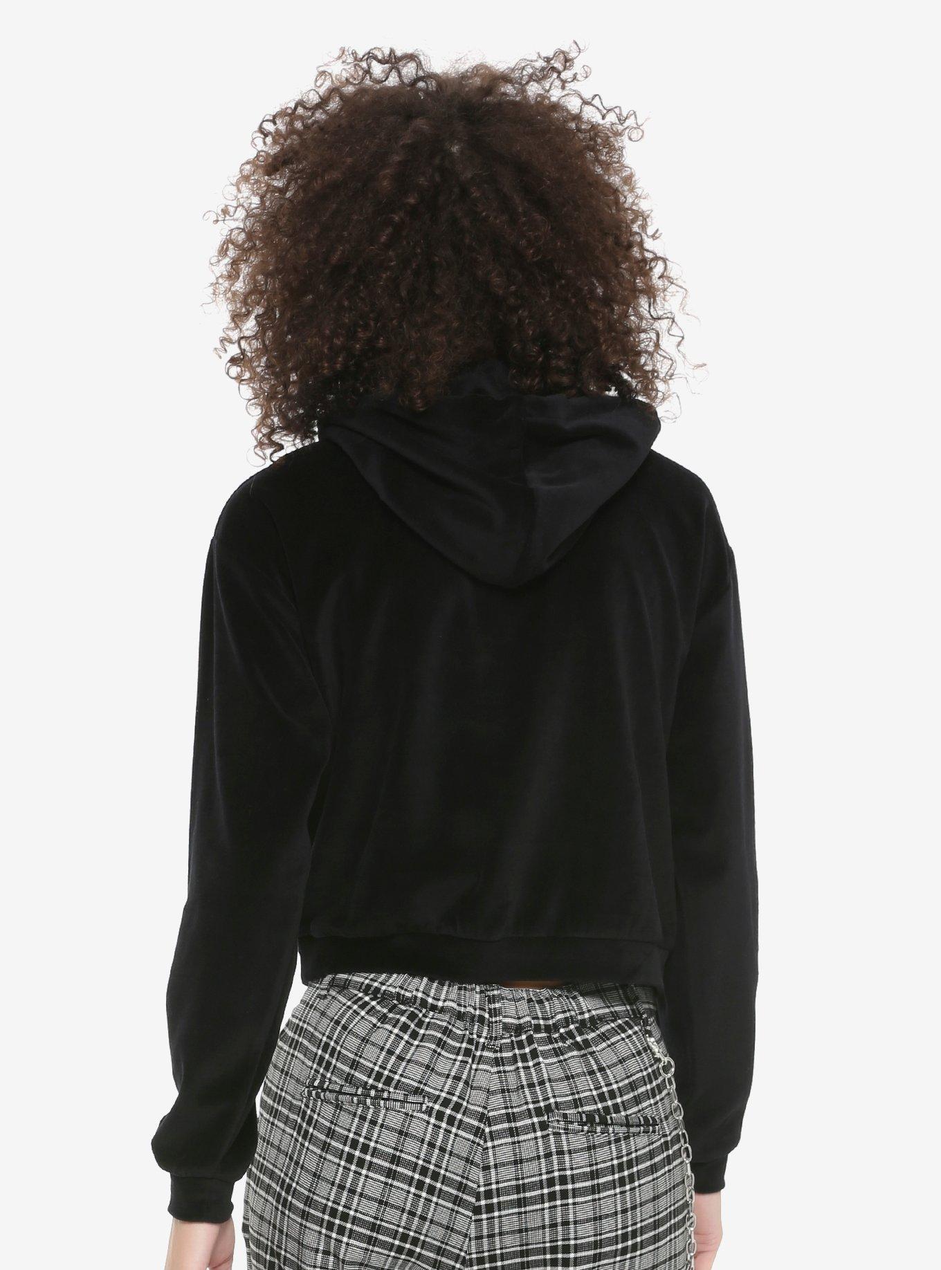 Black Velour Girls Crop Hoodie, BLACK, alternate