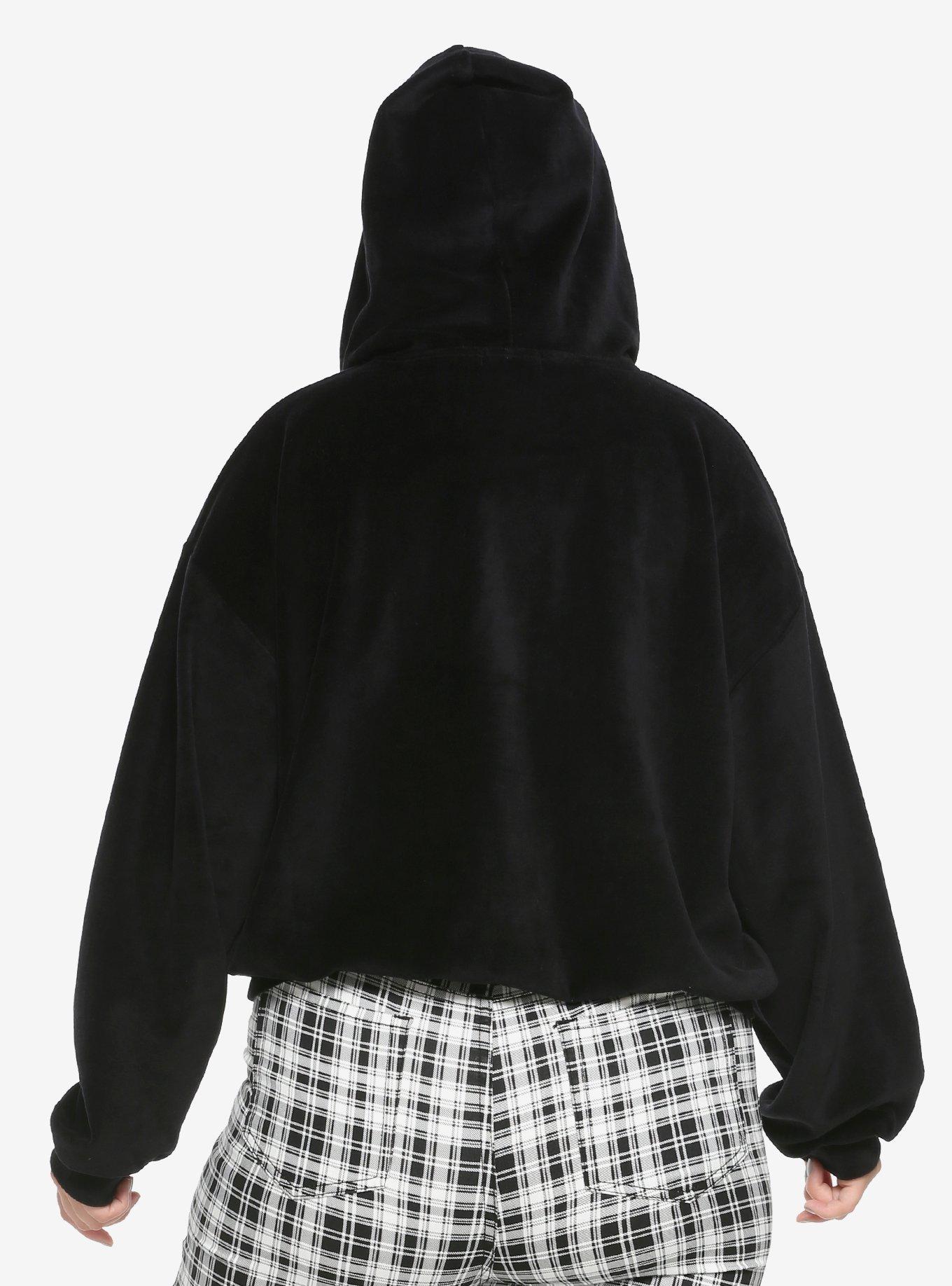 Black Velour Girls Crop Hoodie Plus Size, BLACK, alternate