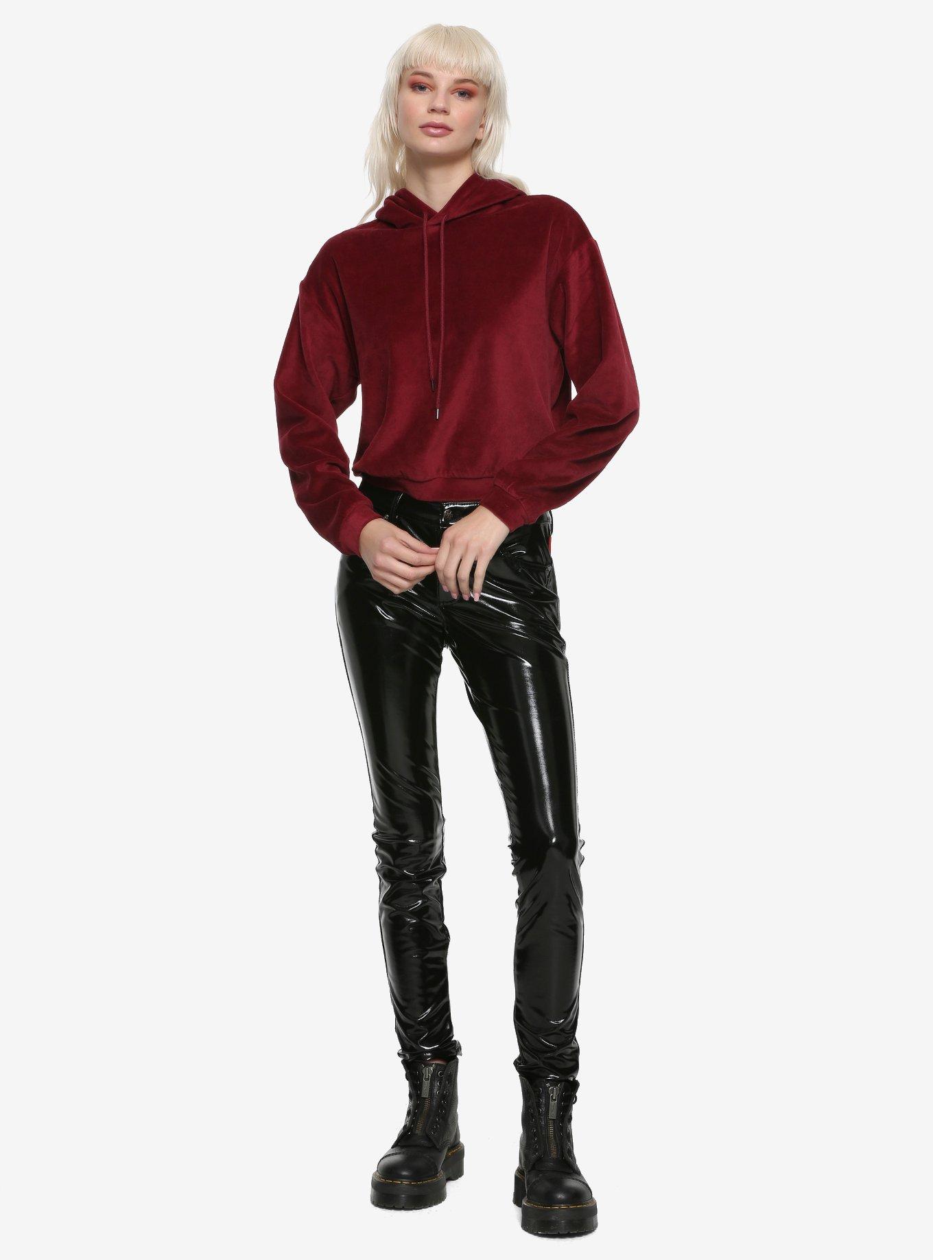 Burgundy Velour Girls Crop Hoodie, BURGUNDY, alternate