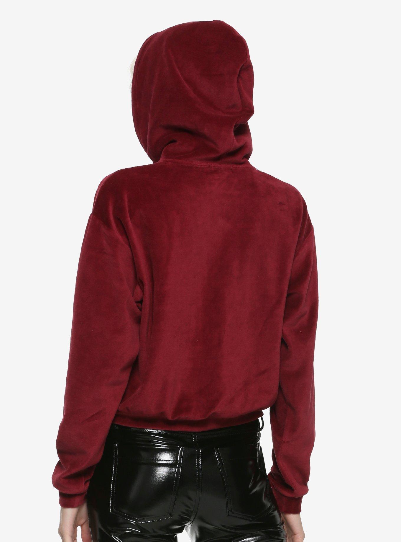 Burgundy Velour Girls Crop Hoodie, BURGUNDY, alternate