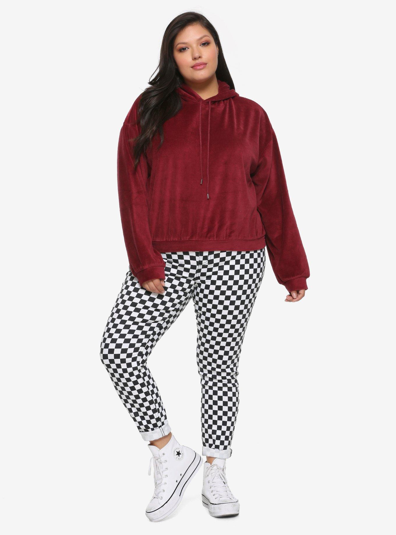 Burgundy Velour Girls Crop Hoodie Plus Size, BURGUNDY, alternate