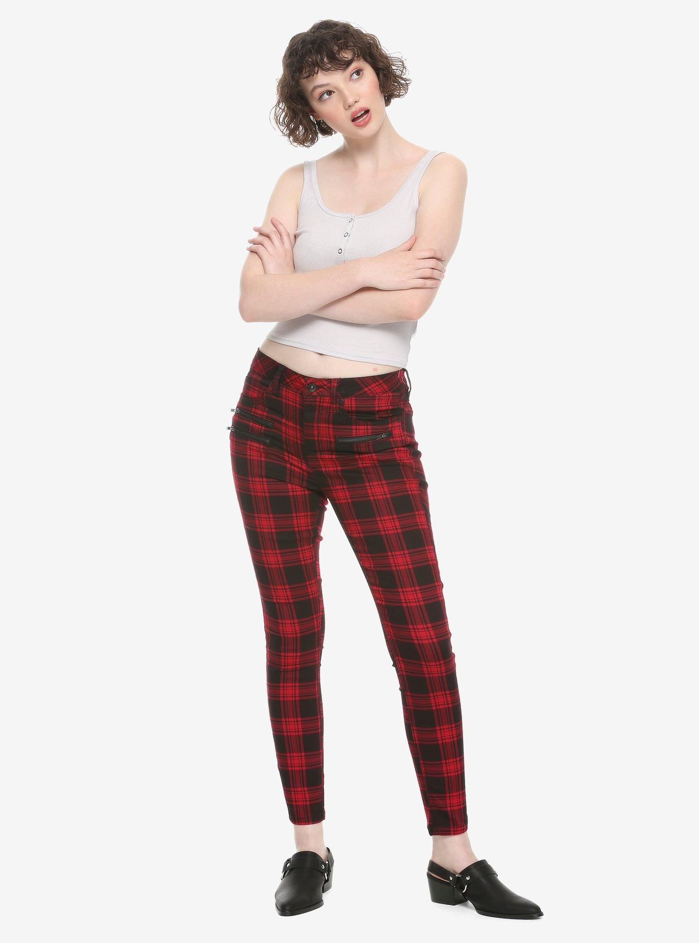 HT Denim Red Plaid Hi-Rise Super Skinny Jeans, PLAID, alternate