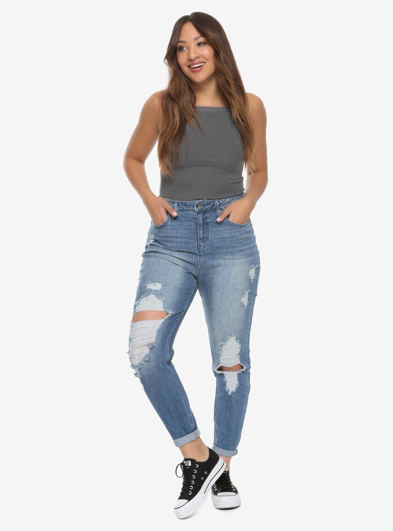 HT Denim Indigo Destructed Mom Jeans, INDIGO, alternate