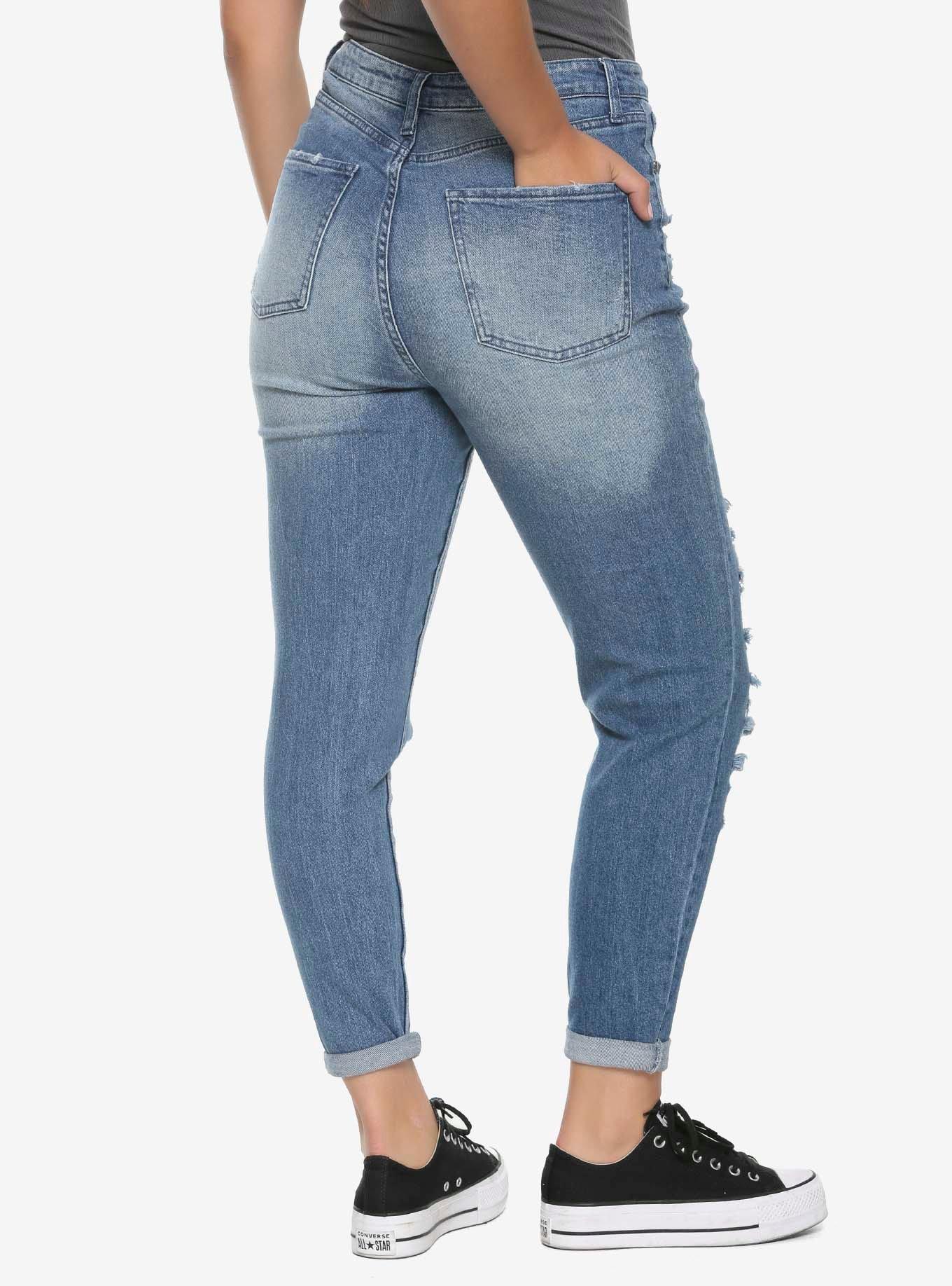 HT Denim Indigo Destructed Mom Jeans, INDIGO, alternate