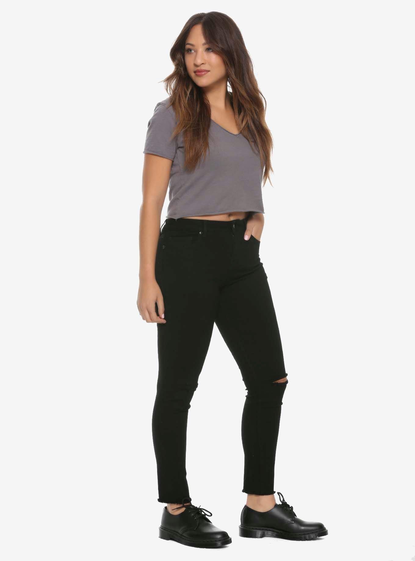 HT Denim Black Knee Slits Low-Rise Skinny Jeans, BLACK, alternate