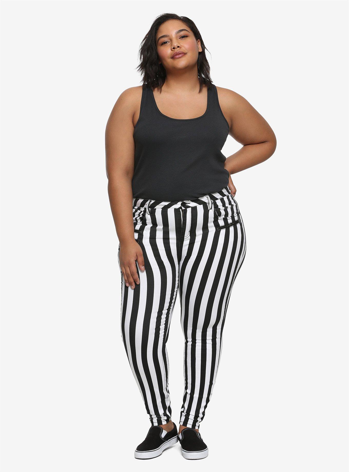 HT Denim Black & White Stripe Hi-Rise Super Skinny Jeans Plus Size, BLACK-WHITE STRIPE, alternate