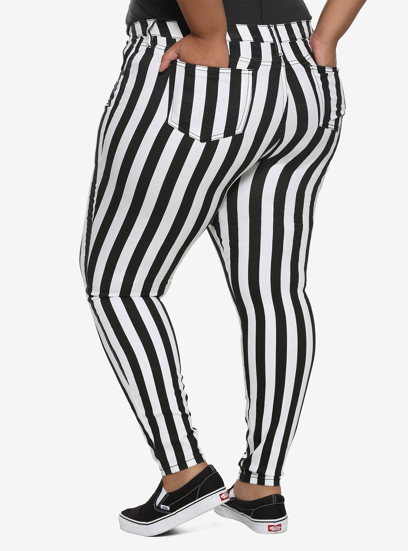 HT Denim Black & White Stripe Hi-Rise Super Skinny Jeans Plus Size, BLACK-WHITE STRIPE, alternate