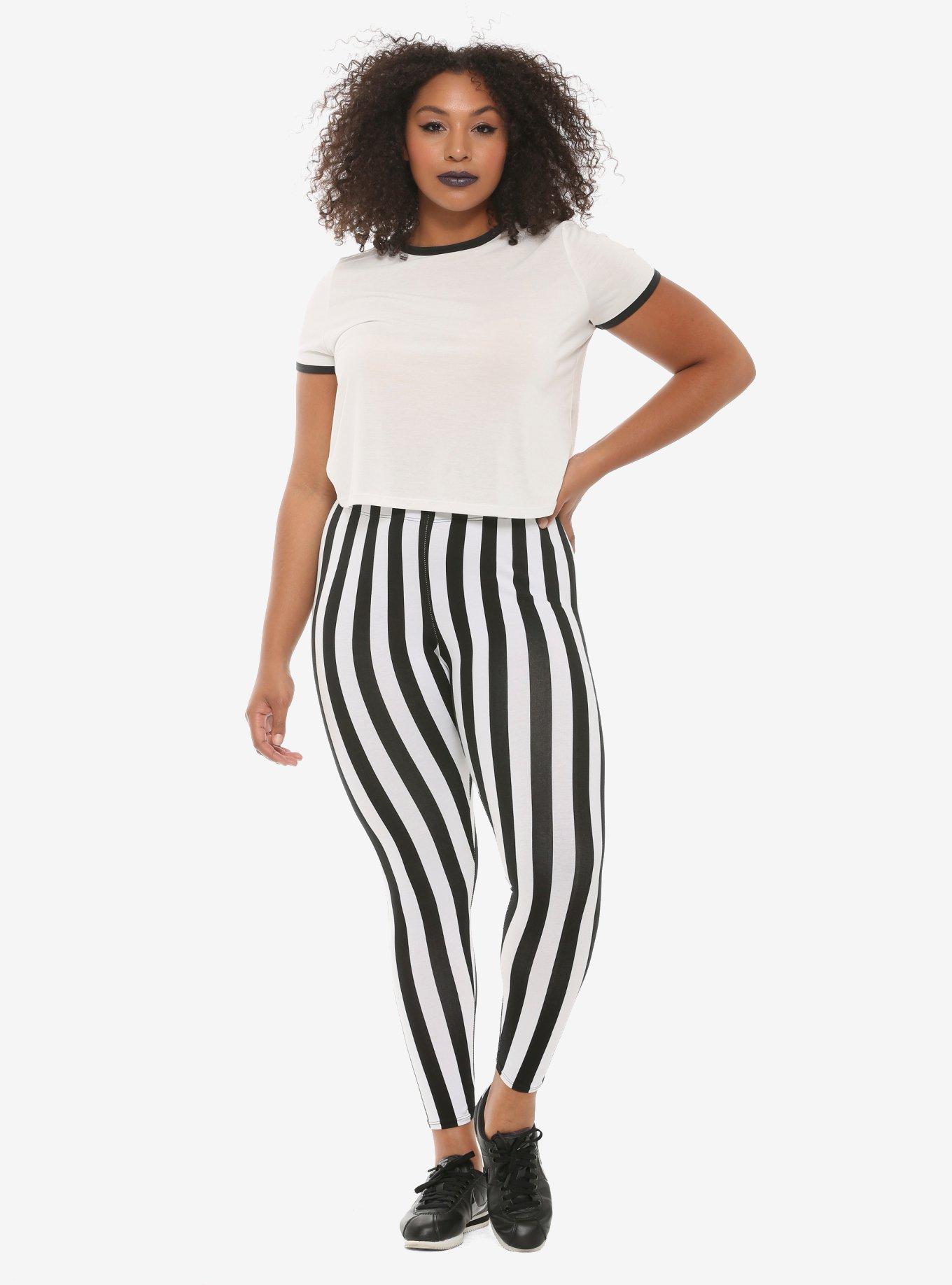 Black & White Vertical Striped Leggings Plus Size, BLACK  WHITE, alternate