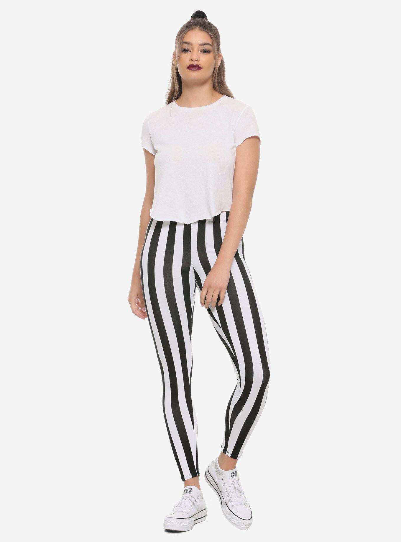 Black & White Vertical Striped Leggings, BLACK  WHITE, alternate