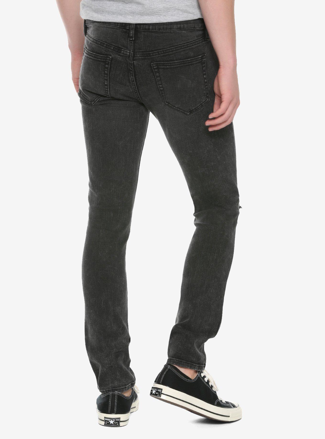 HT Denim Black Acid Wash Destructed Skinny Jeans, BLACK, alternate