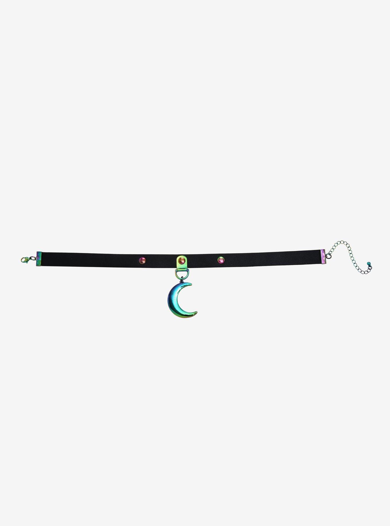 Anodized Crescent Moon Faux Leather Choker, , alternate