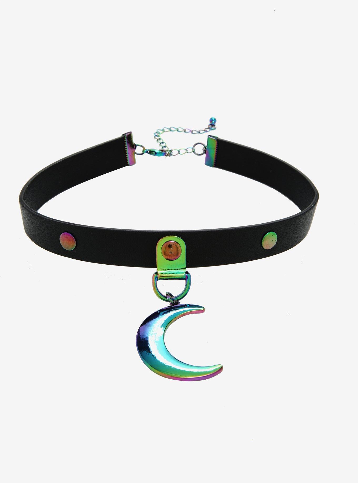 Anodized Crescent Moon Faux Leather Choker, , alternate