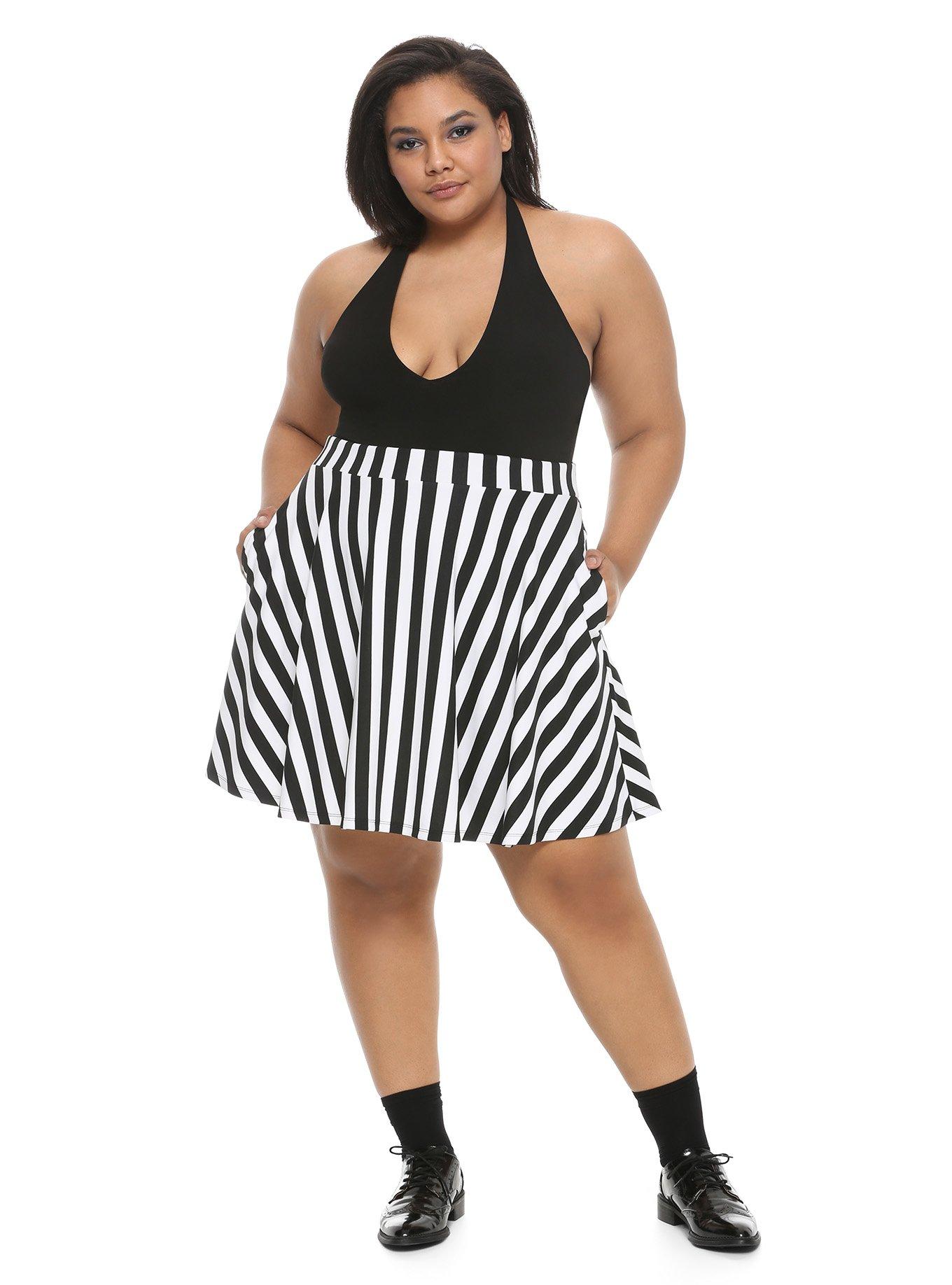 Black & White Striped Skater Skirt Plus Size, , alternate