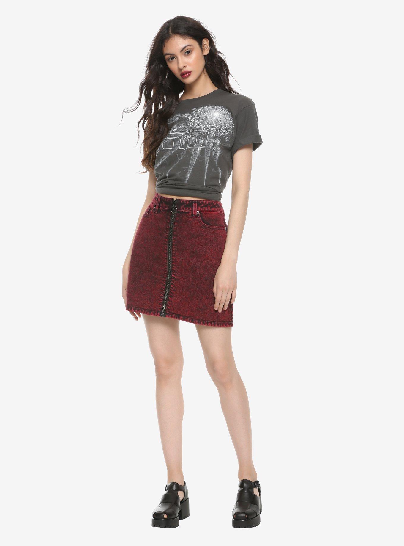 Red Acid Wash Denim Skirt, RED, alternate