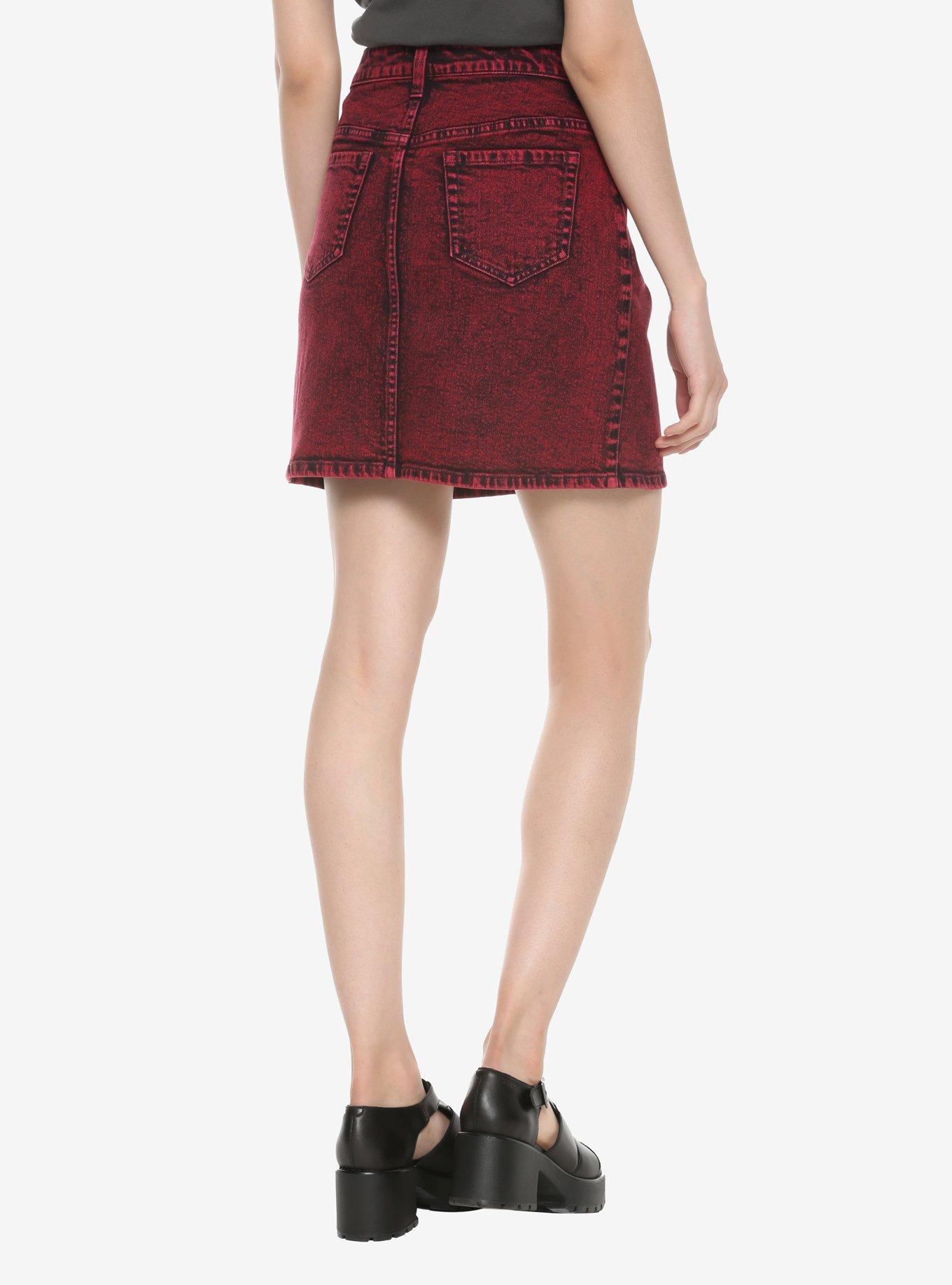 Red Acid Wash Denim Skirt, RED, alternate