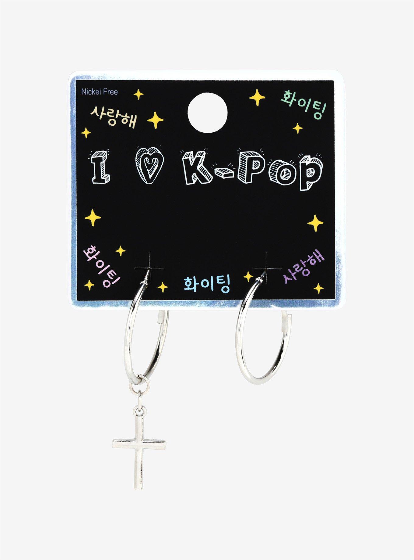 I Love K-Pop Hoops With Short Cross Earrings, , alternate