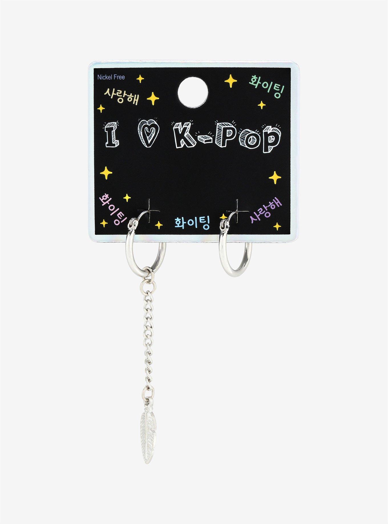 I Love K-Pop Hoops With Long Leaf Earrings, , alternate