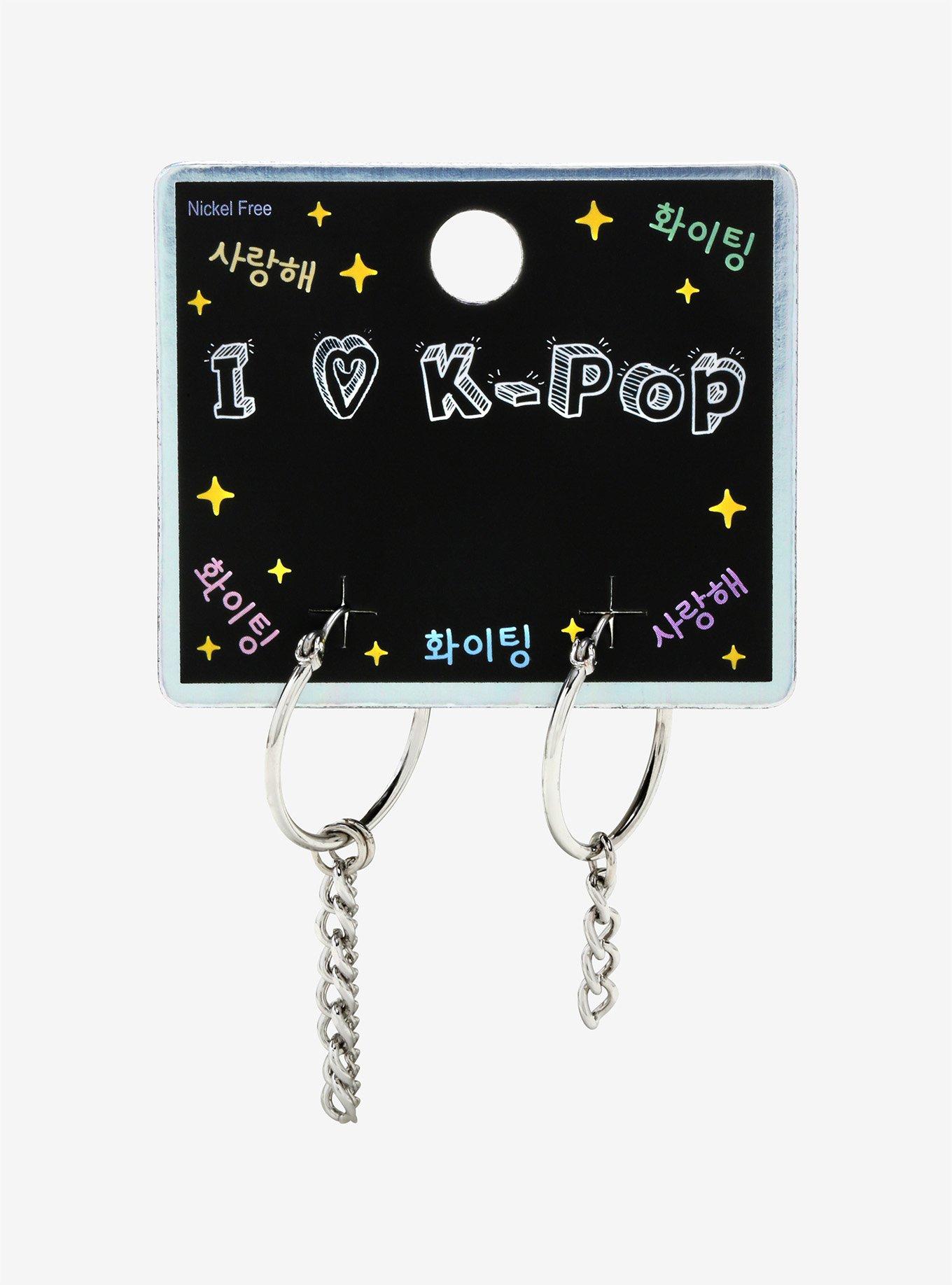 I Love K-Pop Hoops With Chains Earrings, , alternate