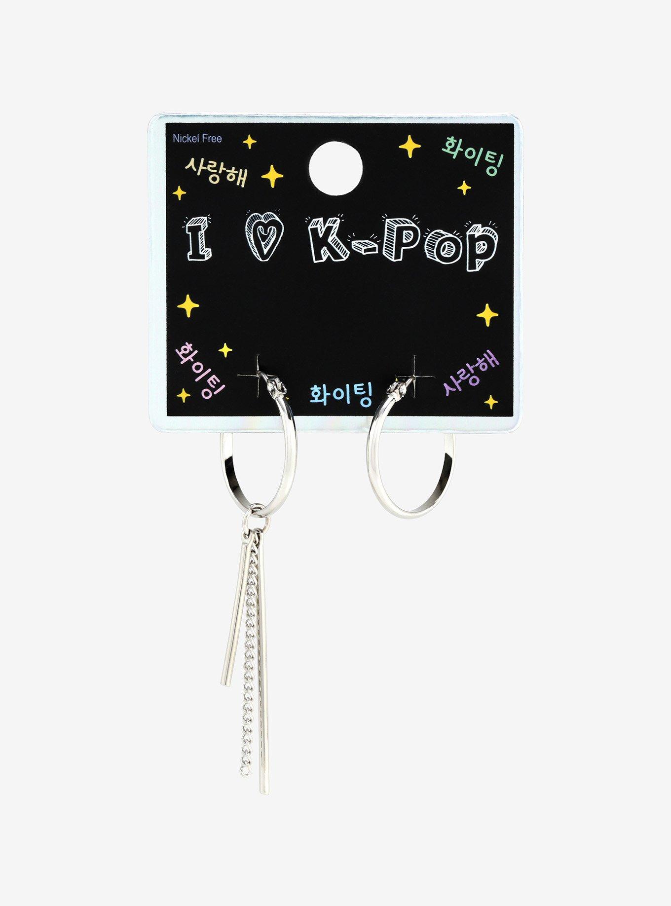 I Love K-Pop Hoops With Long Chain Earrings, , alternate