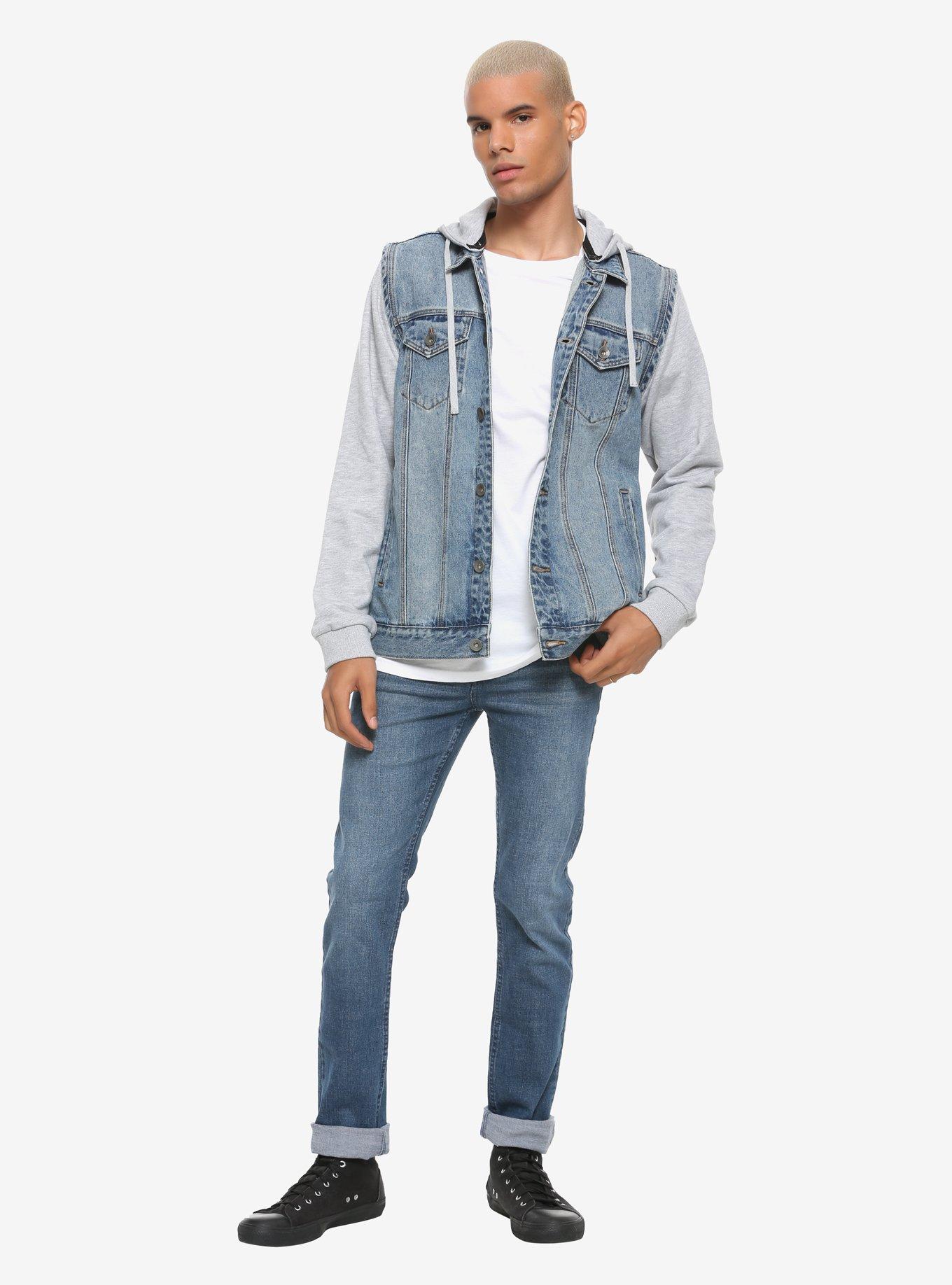 Grey Removable Hood & Sleeves Blue Denim Jacket, GREY, alternate