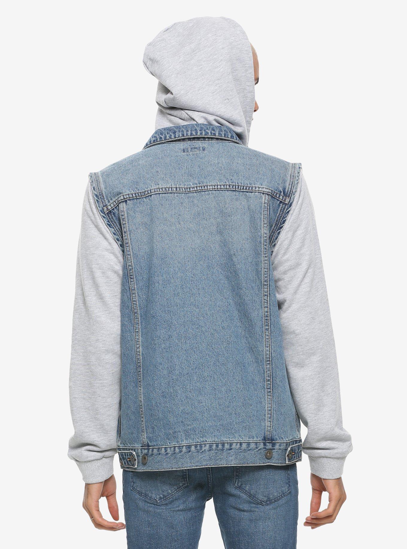 Grey Removable Hood & Sleeves Blue Denim Jacket, GREY, alternate