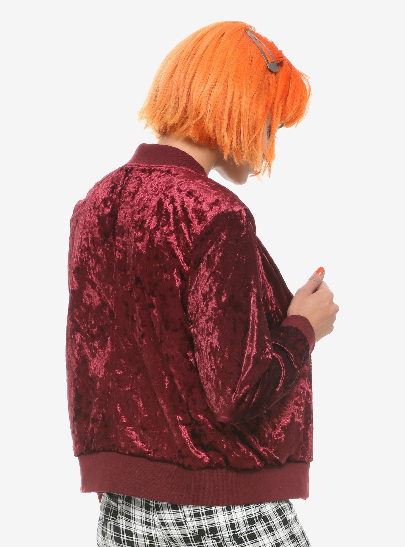 Burgundy Girls Crushed Velvet Bomber Jacket, BURGUNDY, alternate