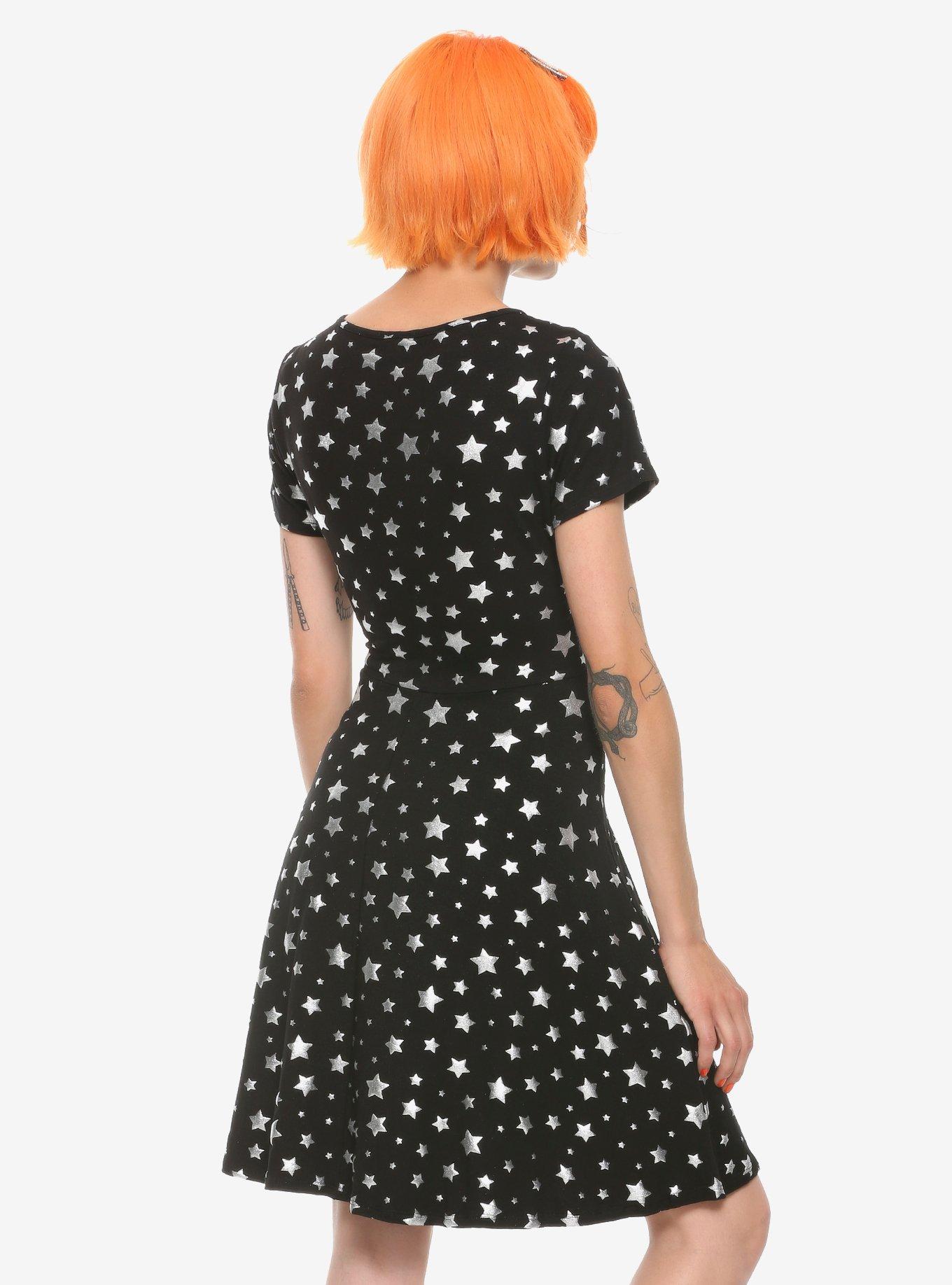 Silver Foil Stars Skater Dress, BLACK, alternate