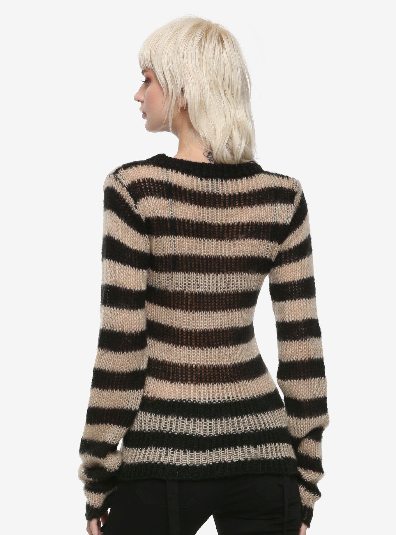 Royal Bones By Tripp Black & Cream Distressed Stripe Girls Sweater, CREAM, alternate