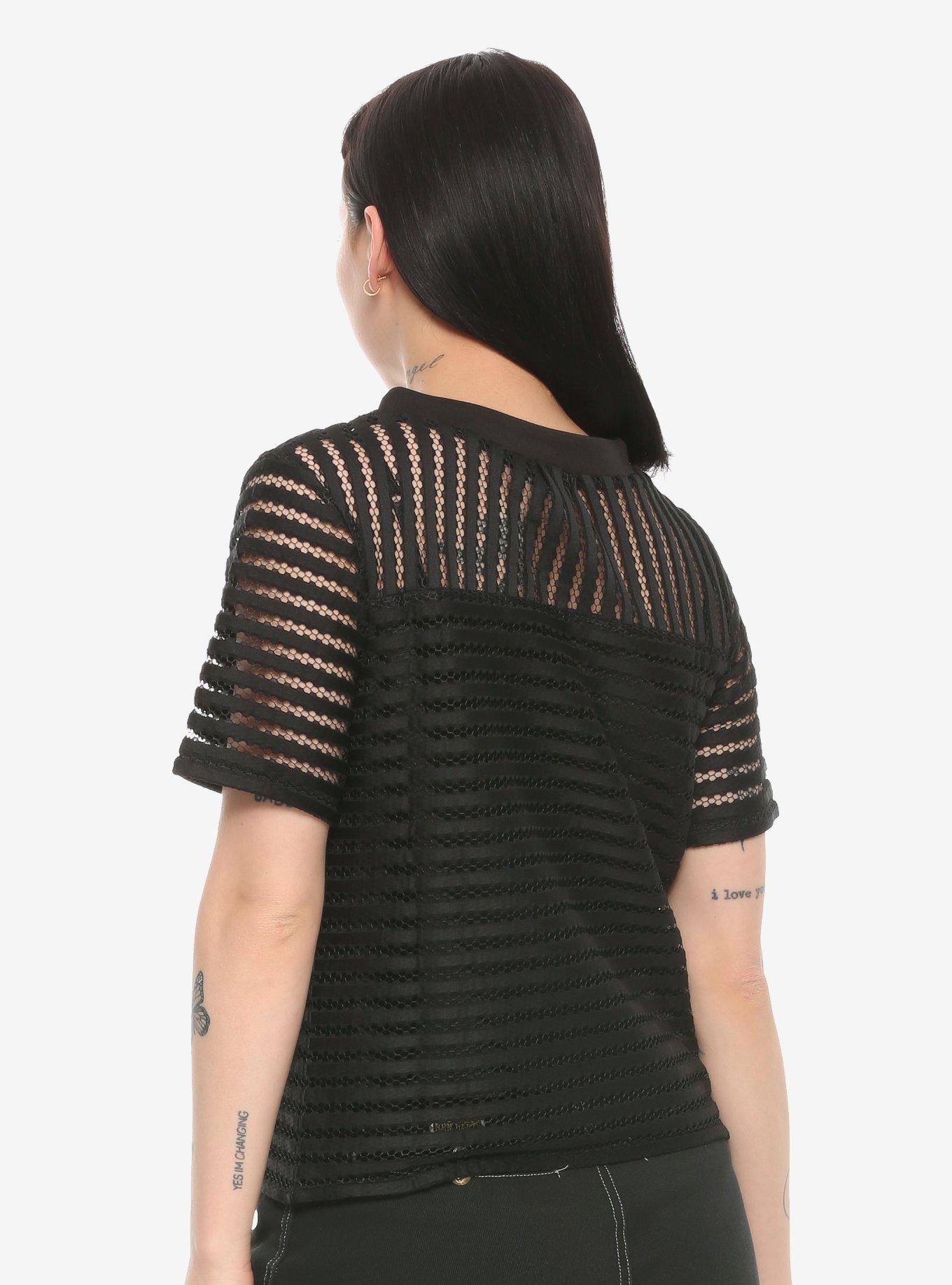 Black Striped Mesh Girls T-Shirt, BLACK, alternate