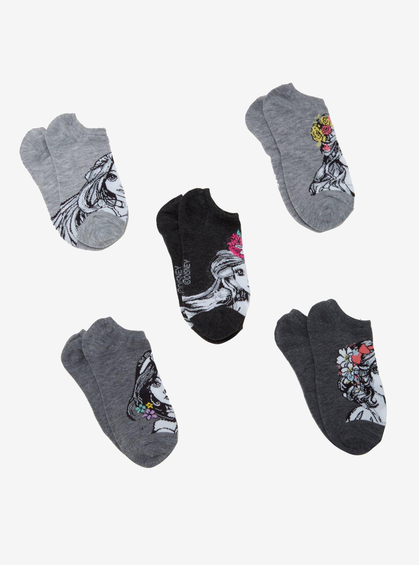 Disney Black & White Floral Princesses No-Show Socks 5 Pair, , alternate