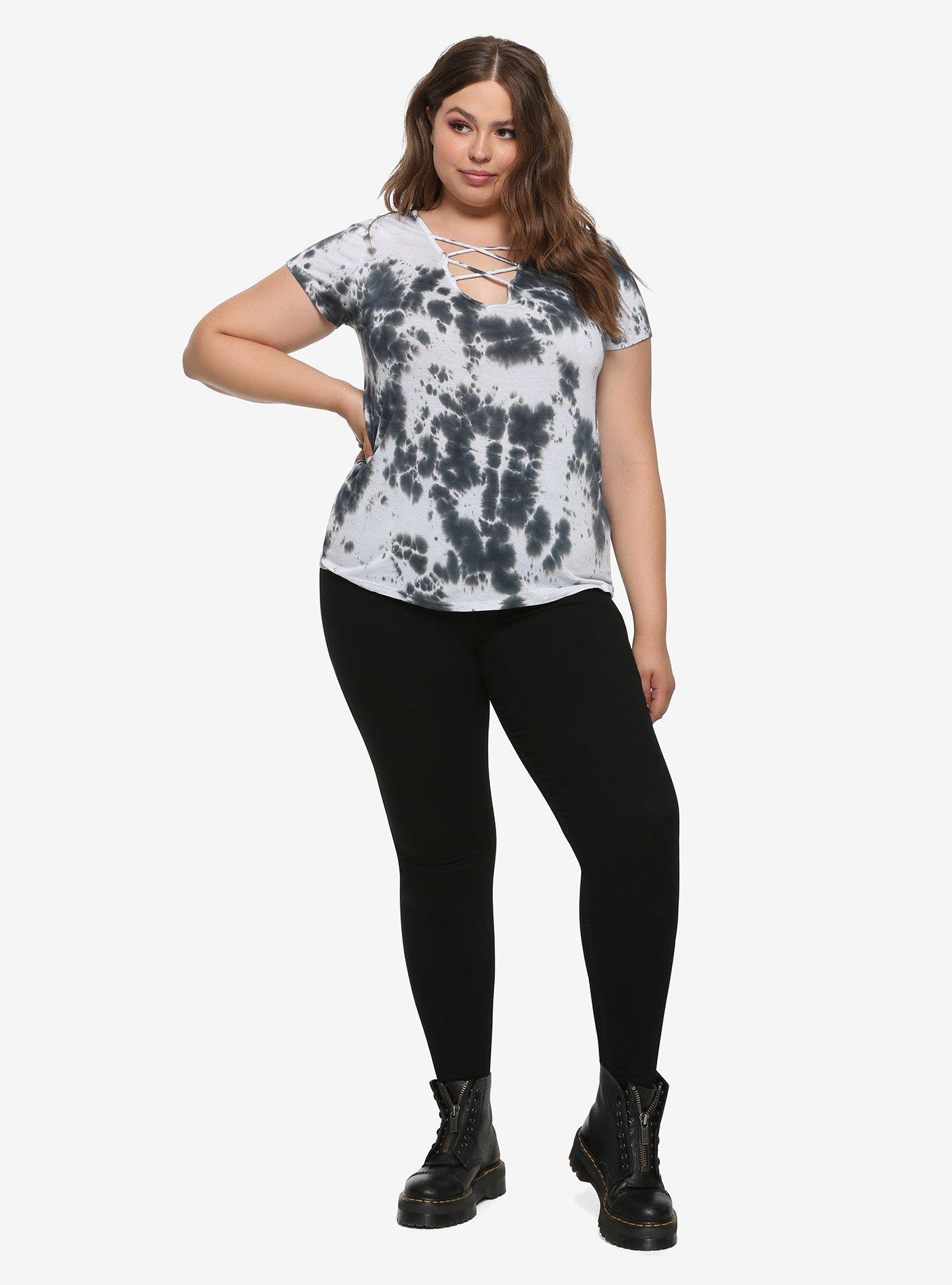 Black & White Tie-Dye Cross Front Girls T-Shirt Plus Size, BLACK TIE DYE, alternate