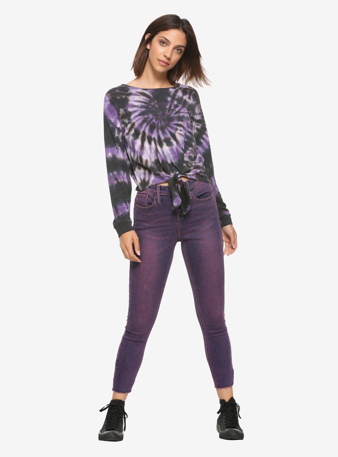 Purple & Black Tie-Dye Tie-Front Girls Long-Sleeve T-Shirt, BLACK TIE DYE, alternate