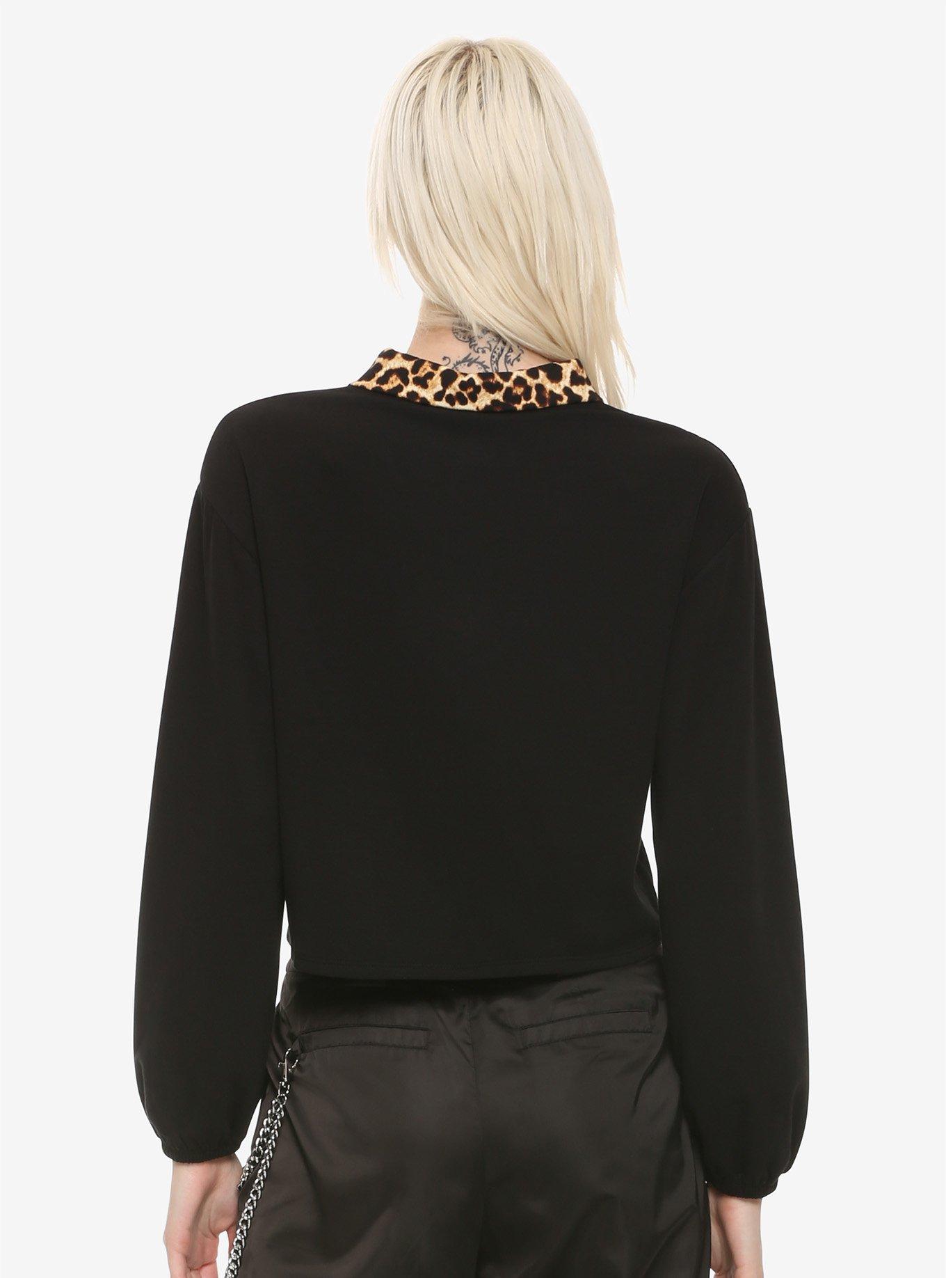 Cheetah Collar Zip-Up Long-Sleeve Crop Top, CHEETAH, alternate