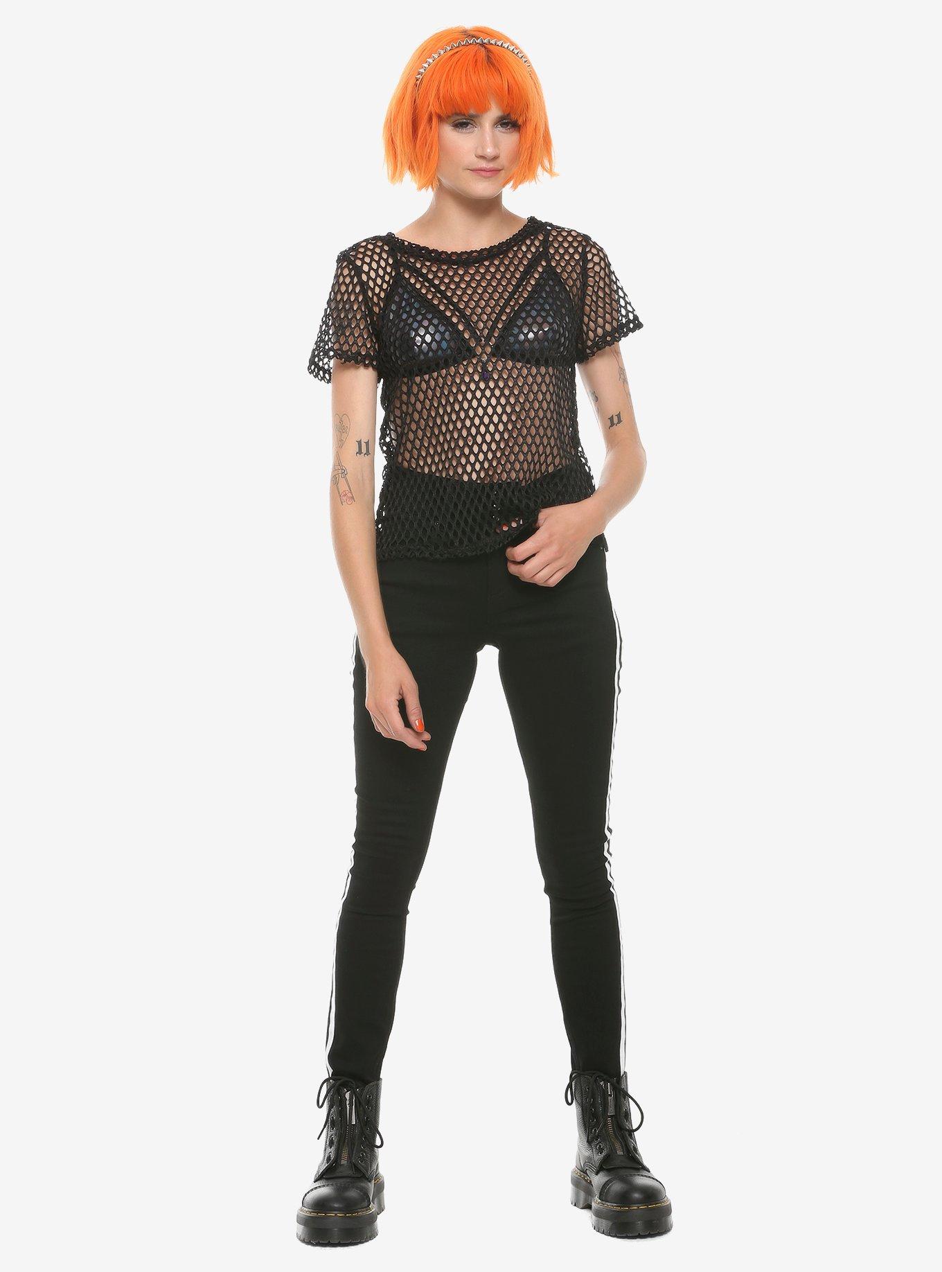 Black Fishnet Mesh Girls T-Shirt, BLACK, alternate
