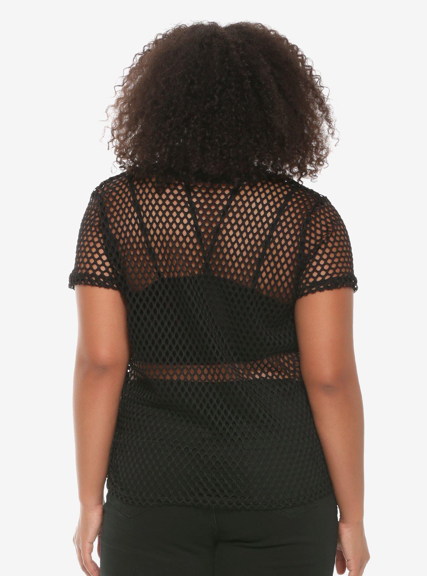 Black Fishnet Mesh Girls T-Shirt Plus Size, , alternate