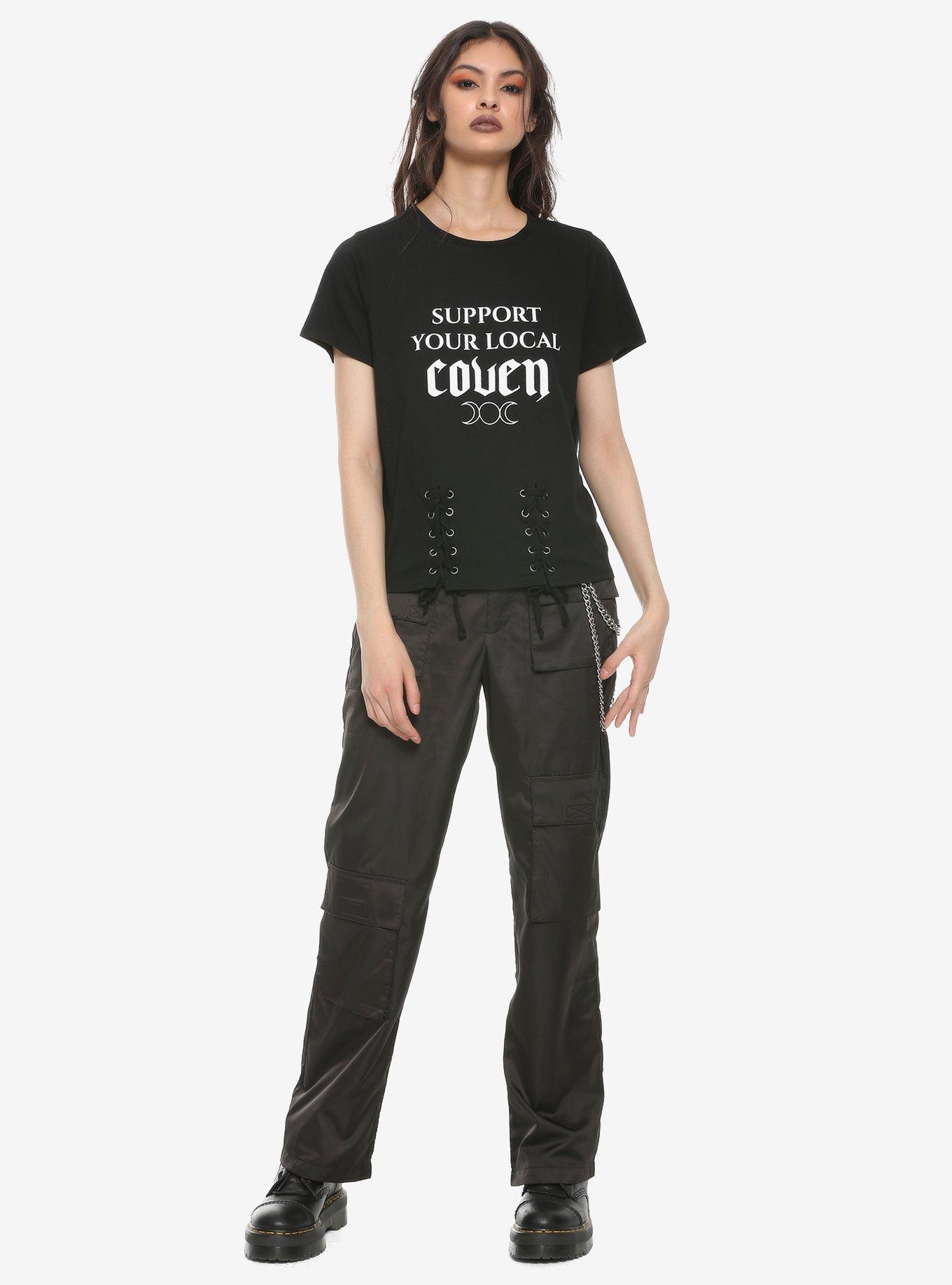 Support Your Local Coven Lace-Up Girls Top, BLACK, alternate