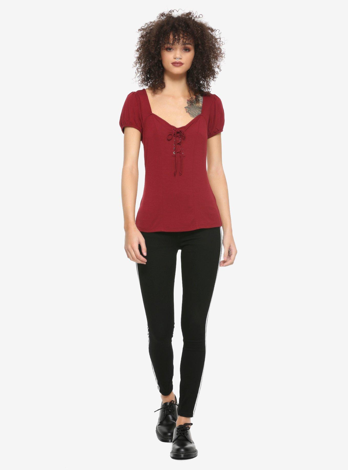 Burgundy Lace-Up Girls Top, BURGUNDY, alternate