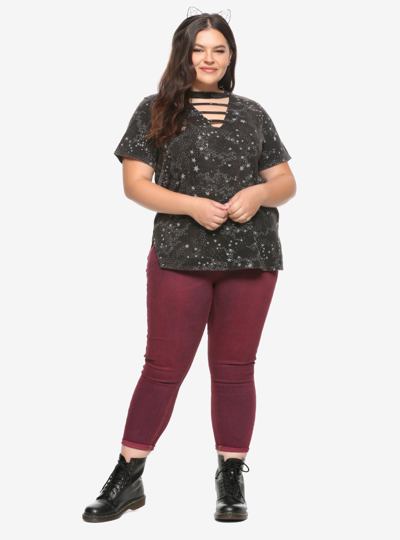 Star Print Cut-Out Choker Girls T-Shirt Plus Size, STARS-IVORY, alternate