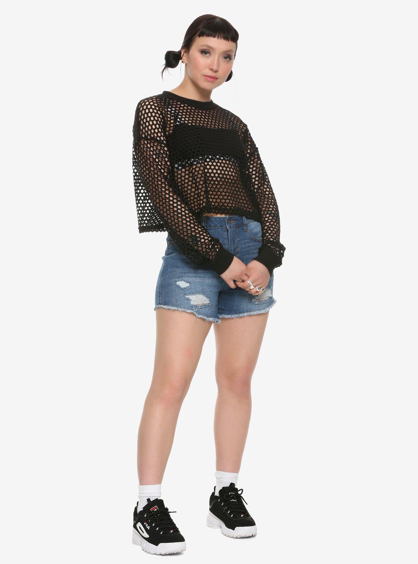 Black Fishnet Mesh Girls Crop Top, BLACK, alternate