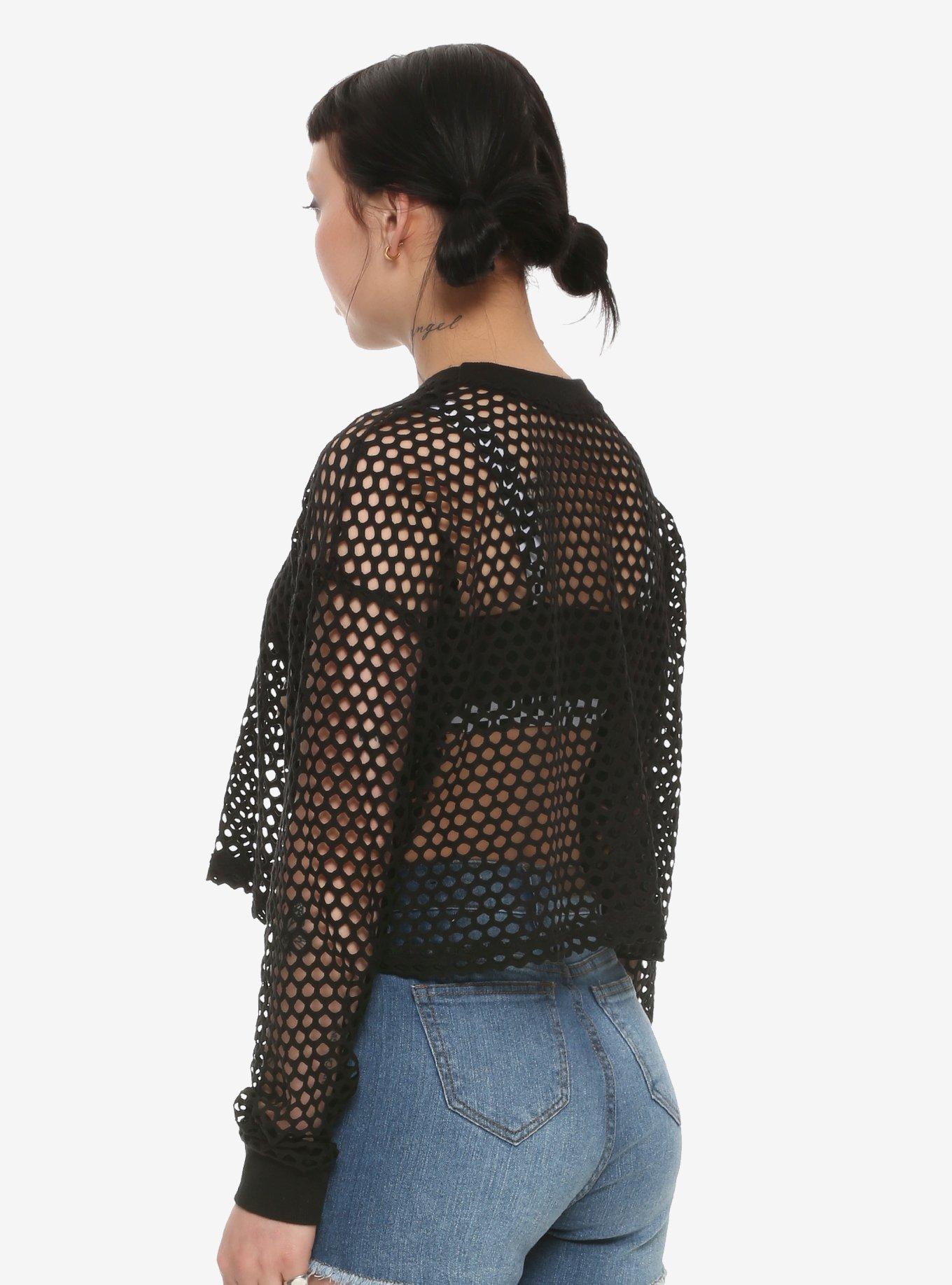 Black Fishnet Mesh Girls Crop Top, BLACK, alternate