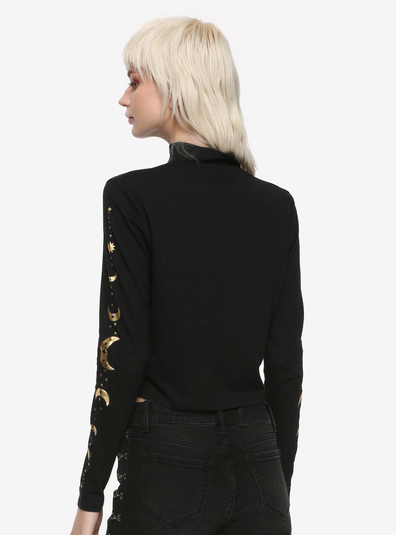 Black & Gold Moon Mock Neck Girls Long-Sleeve T-Shirt, BLACK, alternate