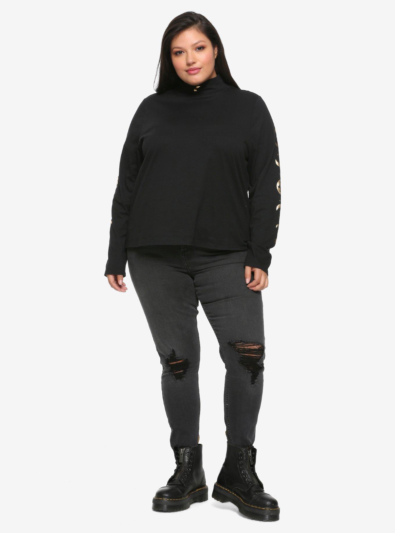Black & Gold Moon Mock Neck Girls Long-Sleeve T-Shirt Plus Size, , alternate