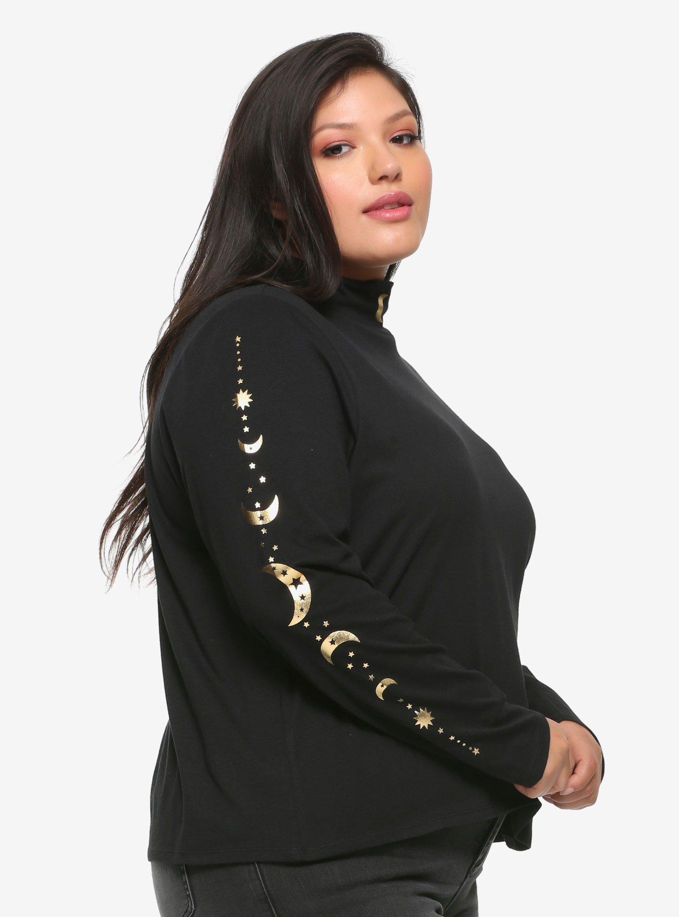 Black & Gold Moon Mock Neck Girls Long-Sleeve T-Shirt Plus Size, , alternate